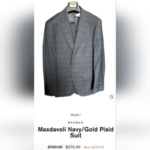 MaxDavoli Moderno Navy Plaid Suit. 44/38R. 100% Wool